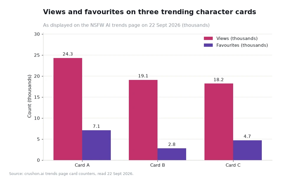 Grouped bar chart of views and favourites for three trending character cards